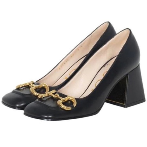 Gucci Shoes Mid-Heel Horsebit Pumps Block Heel Black Leather 38 - Picture 2 of 9